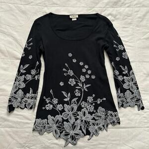 Vintage MKM Black & white floral glitter print long sleeve top cut work hem